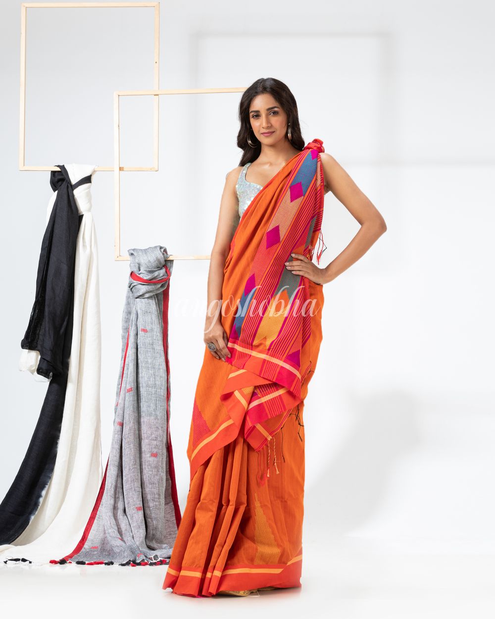 Orange Cotton Blend Festive Jamdani Saree angoshobha