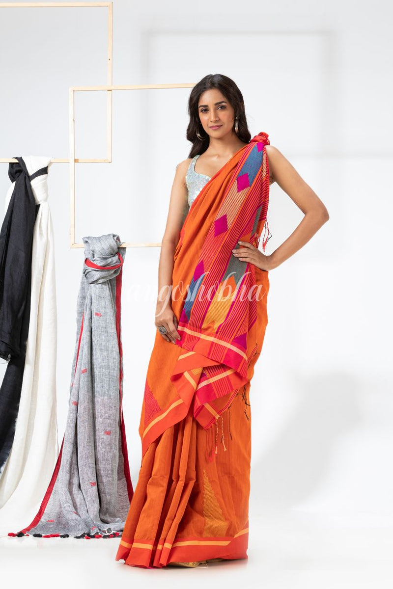 Orange Cotton Blend Festive Jamdani Saree