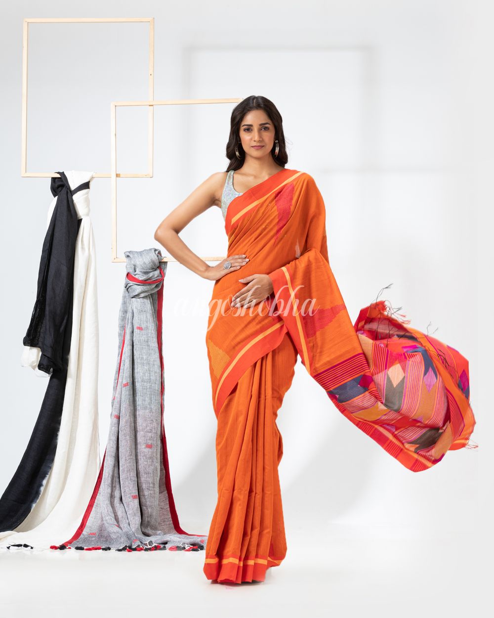 Orange Cotton Blend Festive Jamdani Saree angoshobha