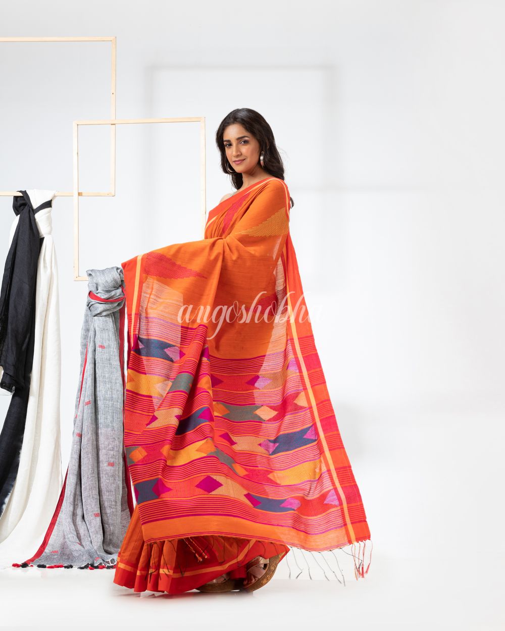 Orange Cotton Blend Festive Jamdani Saree angoshobha
