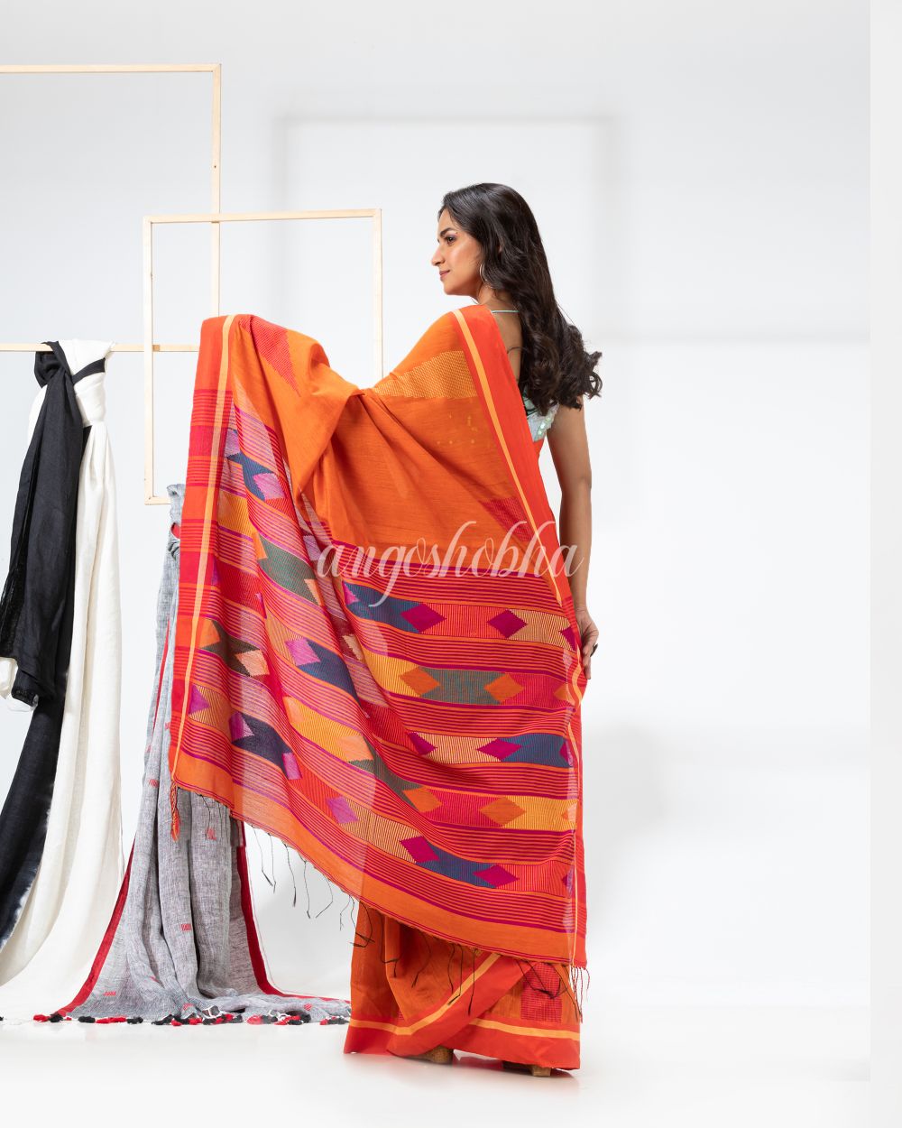 Orange Cotton Blend Festive Jamdani Saree angoshobha