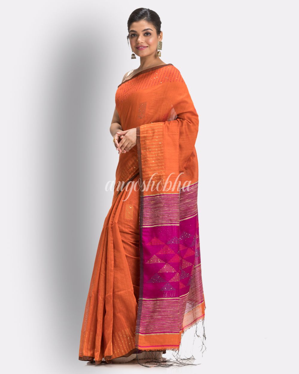 Orange Cotton Blend Handloom Jamdani Saree angoshobha