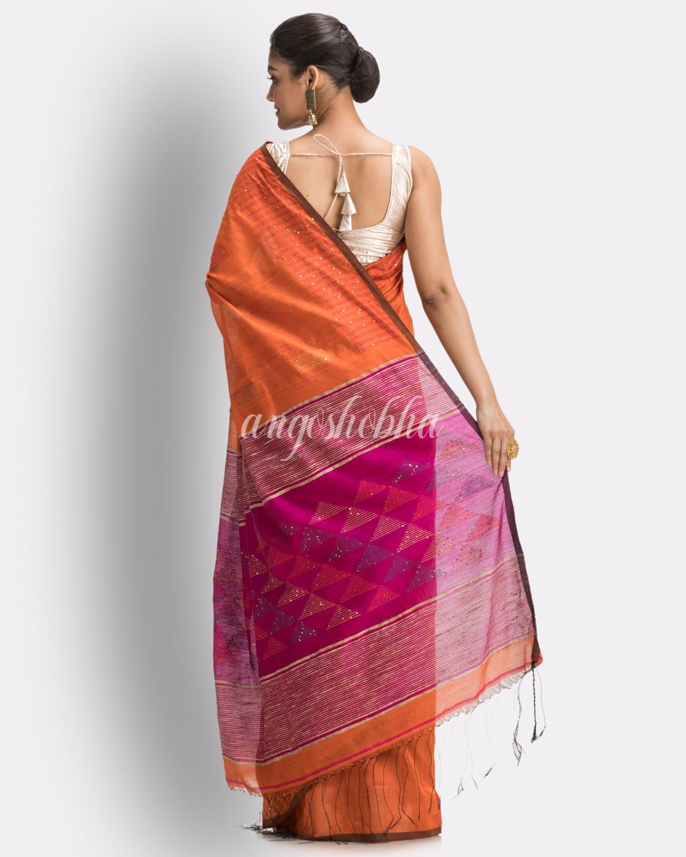 Orange Cotton Blend Handloom Jamdani Saree angoshobha