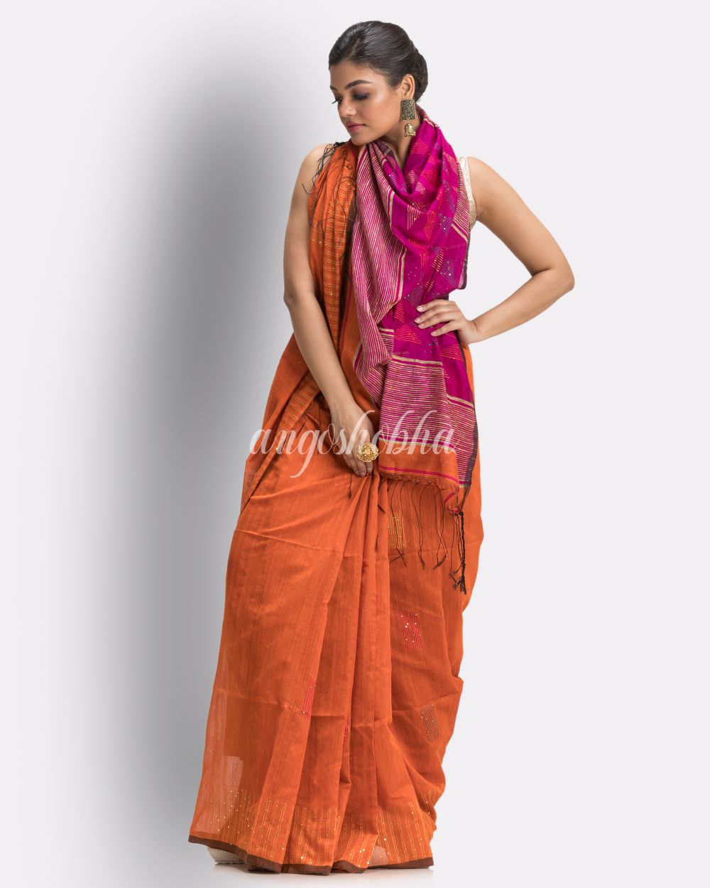 Orange Cotton Blend Handloom Jamdani Saree angoshobha