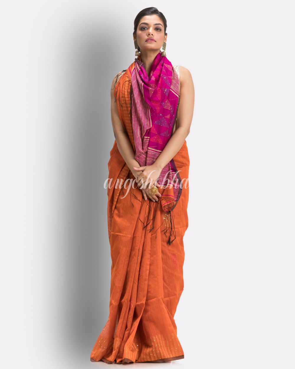 Orange Cotton Blend Handloom Jamdani Saree angoshobha