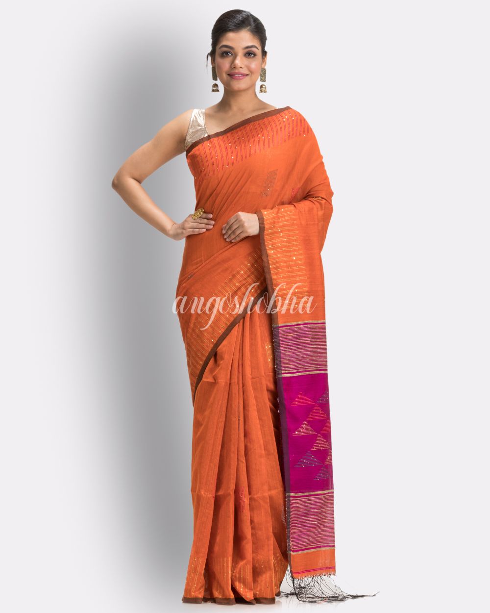 Orange Cotton Blend Handloom Jamdani Saree angoshobha