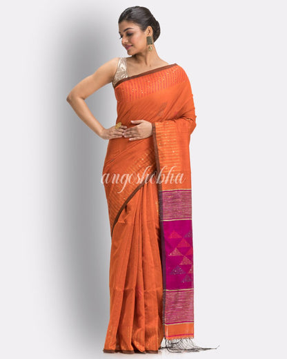 Orange Cotton Blend Handloom Jamdani Saree angoshobha