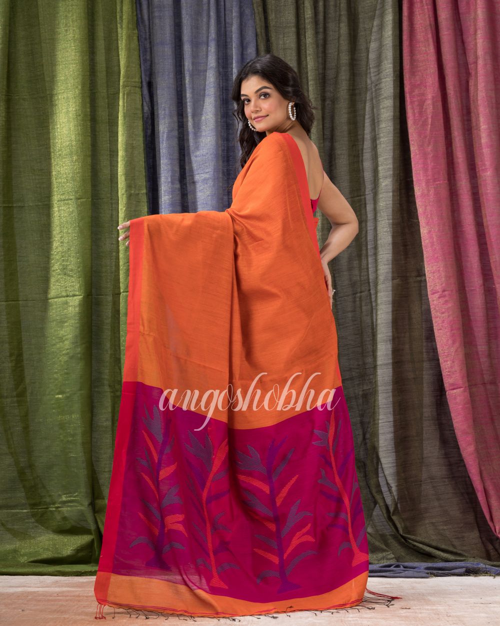 Orange Cotton Blend Traditional Jamdani Saree angoshobha