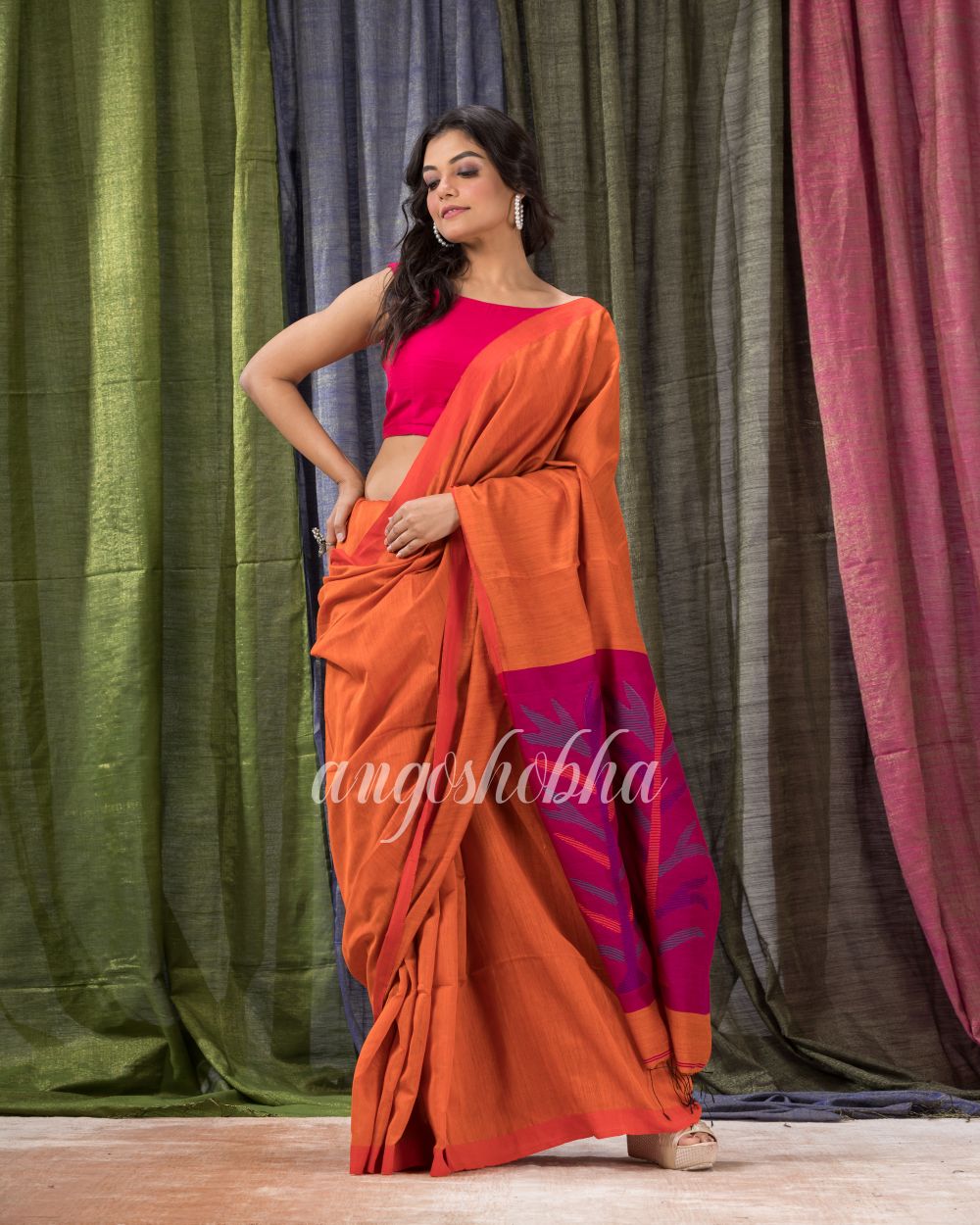 Orange Cotton Blend Traditional Jamdani Saree angoshobha