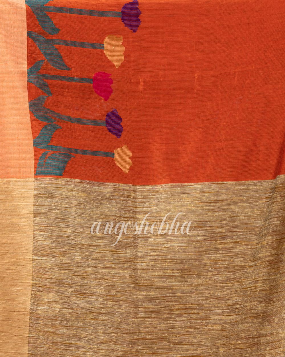 Orange Cotton Blend Traditional Jamdani Saree angoshobha