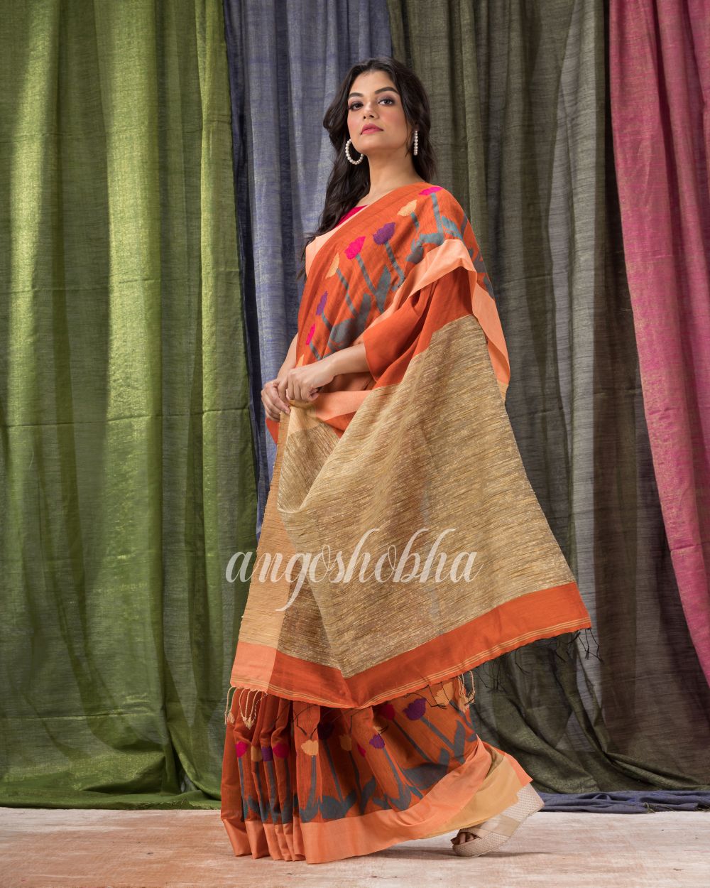 Orange Cotton Blend Traditional Jamdani Saree angoshobha