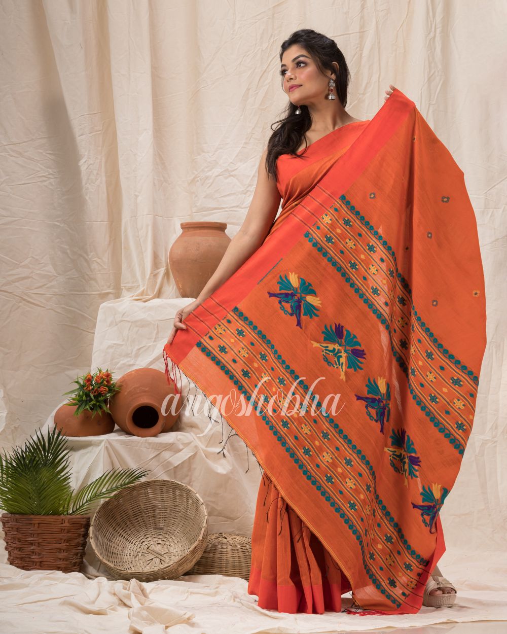 Orange Cotton Blend Traditional Jamdani Saree angoshobha