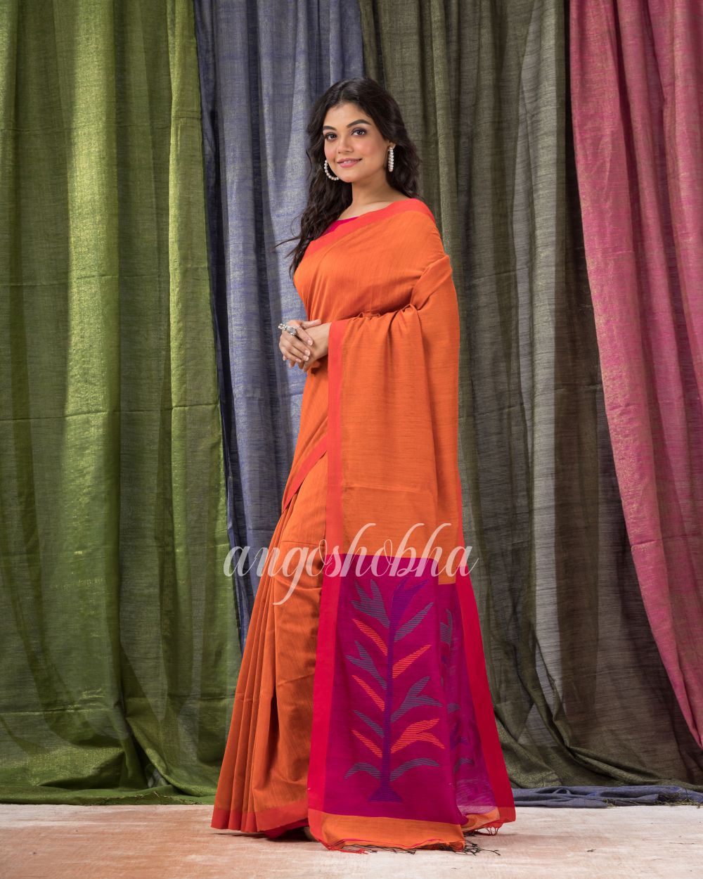 Orange Cotton Blend Traditional Jamdani Saree angoshobha