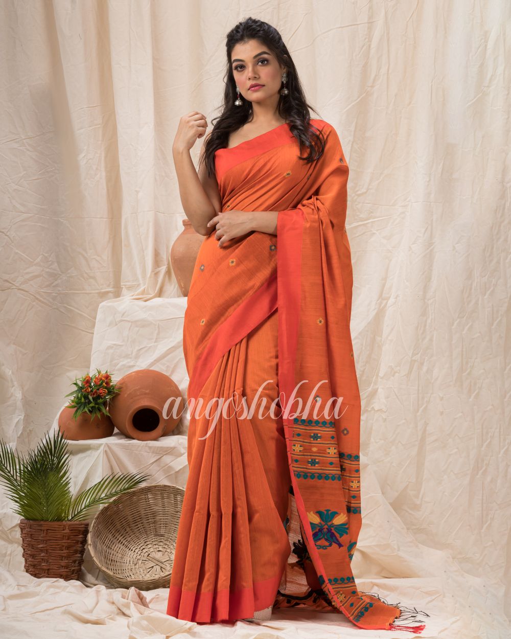 Orange Cotton Blend Traditional Jamdani Saree angoshobha