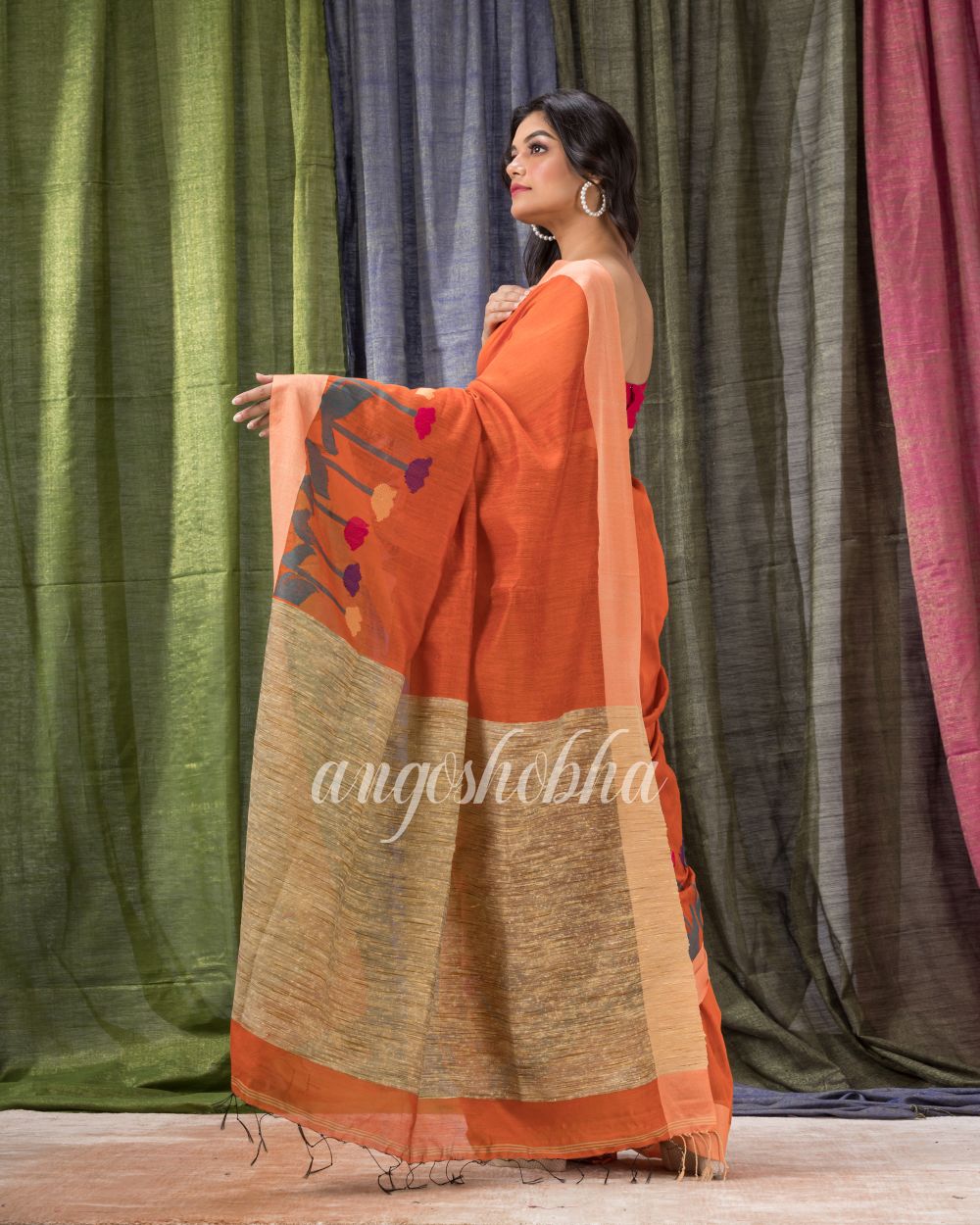 Orange Cotton Blend Traditional Jamdani Saree angoshobha
