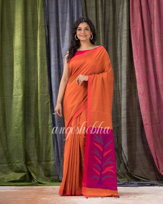 Orange Cotton Blend Traditional Jamdani Saree angoshobha