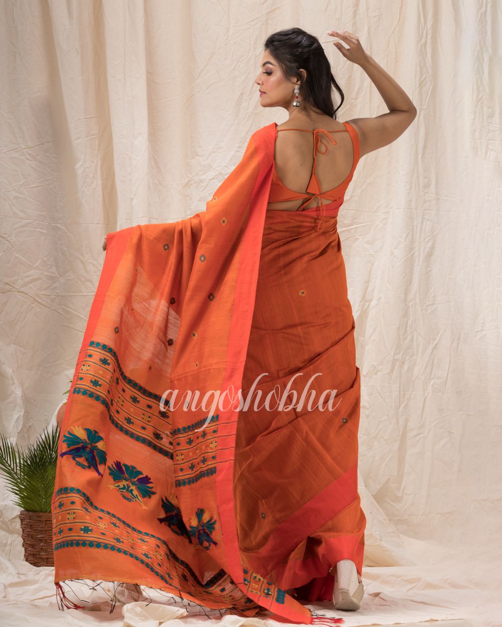 Orange Cotton Blend Traditional Jamdani Saree angoshobha