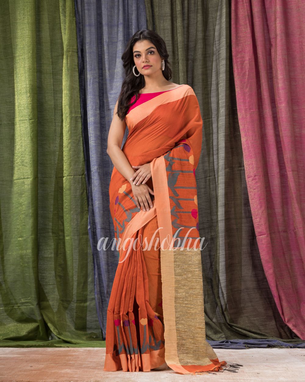 Orange Cotton Blend Traditional Jamdani Saree angoshobha