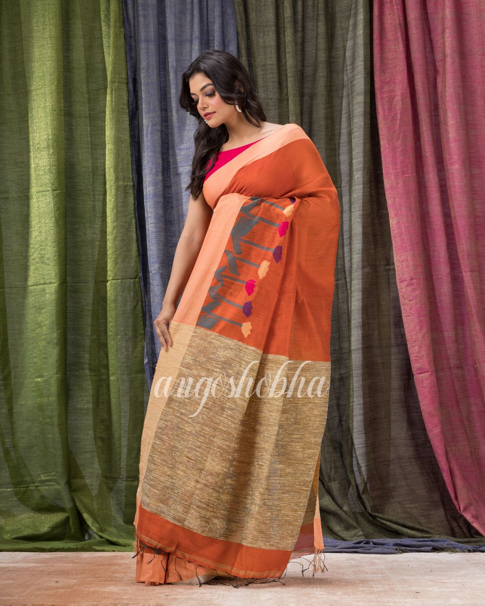 Orange Cotton Blend Traditional Jamdani Saree angoshobha