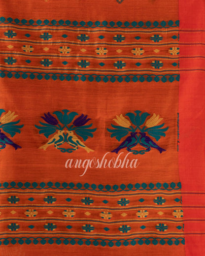 Orange Cotton Blend Traditional Jamdani Saree angoshobha