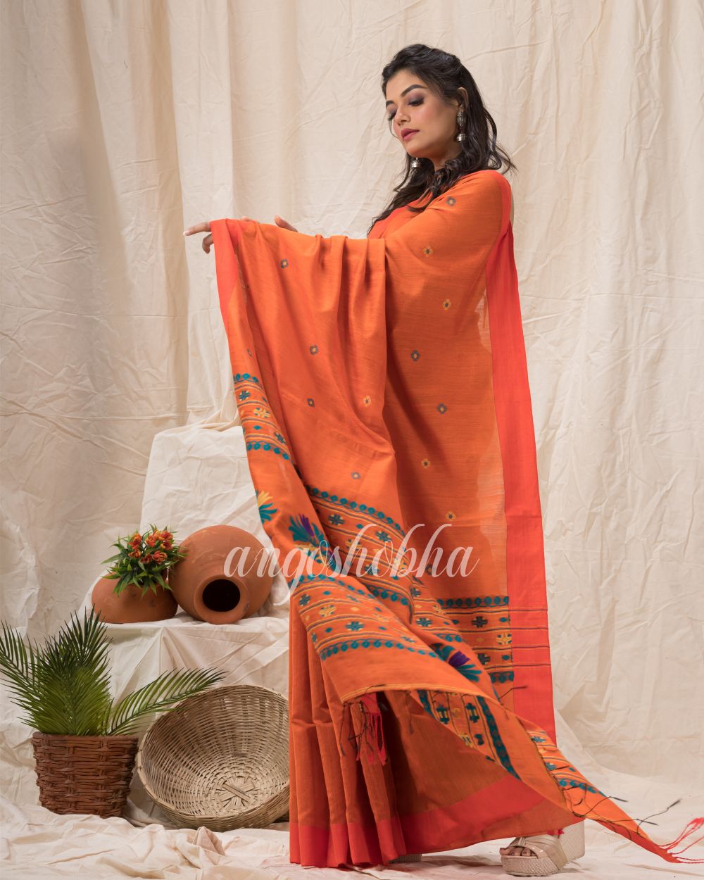 Orange Cotton Blend Traditional Jamdani Saree angoshobha