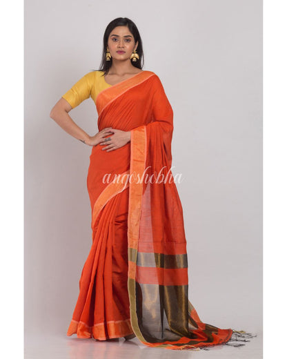 Orange Handloom Cotton Silk Saree angoshobha