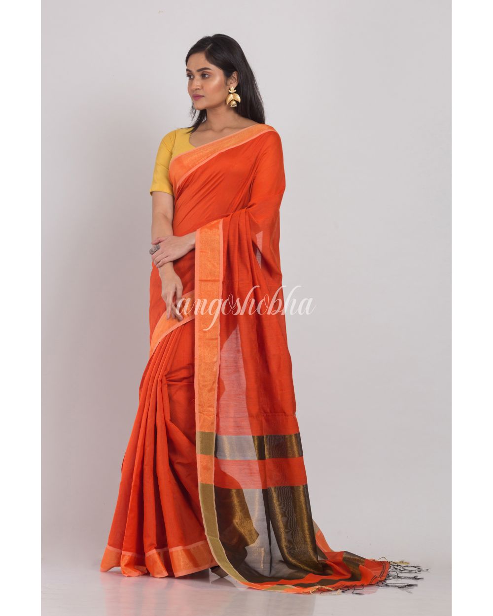 Orange Handloom Cotton Silk Saree angoshobha