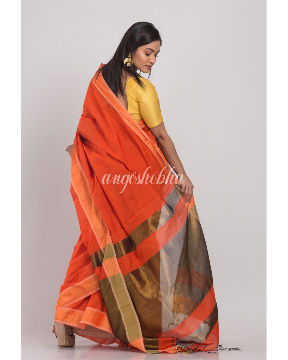 Orange Handloom Cotton Silk Saree angoshobha