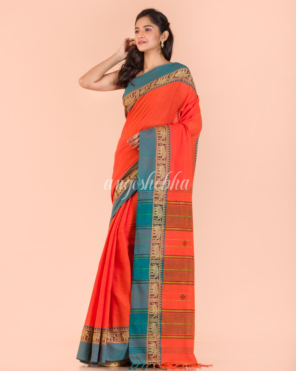 Orange Handwoven Cotton Saree angoshobha