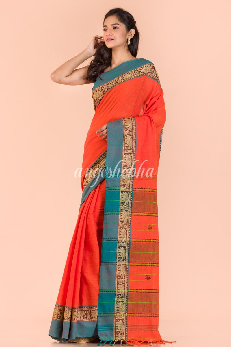 Orange Handwoven Cotton Saree