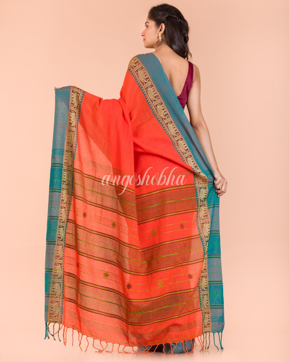 Orange Handwoven Cotton Saree angoshobha
