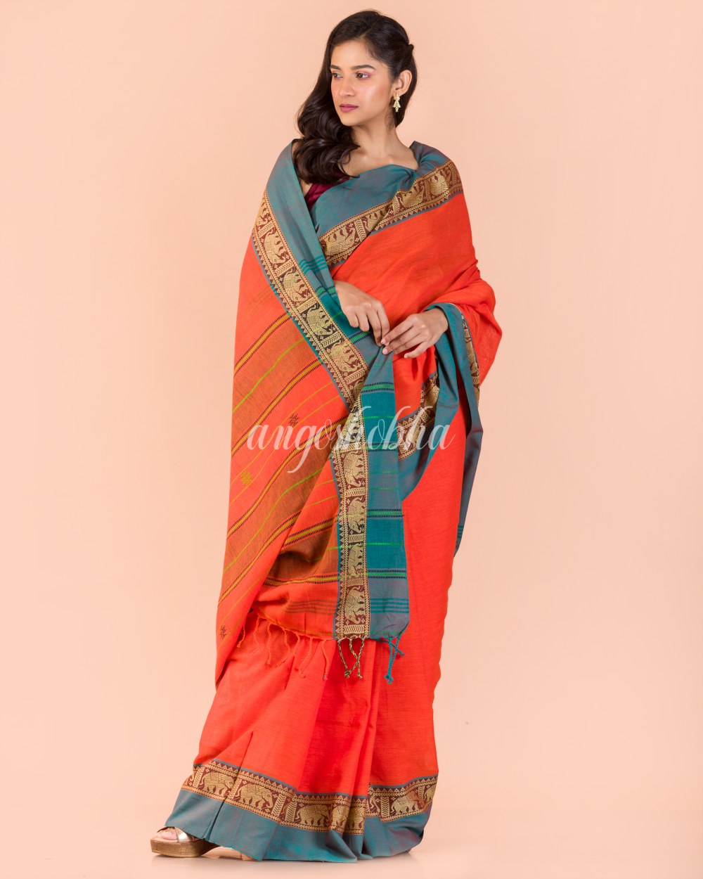 Orange Handwoven Cotton Saree angoshobha