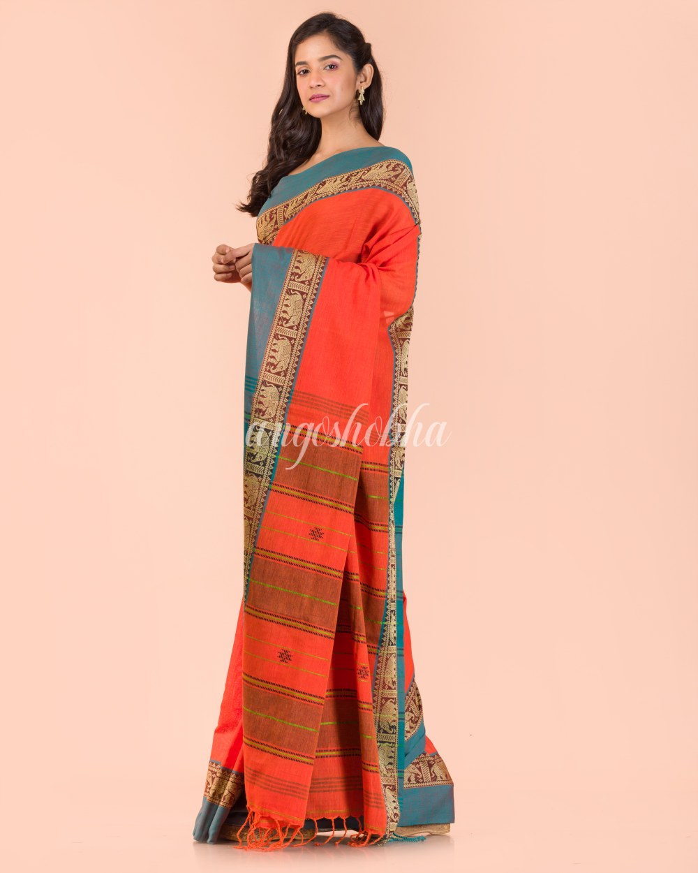 Orange Handwoven Cotton Saree angoshobha