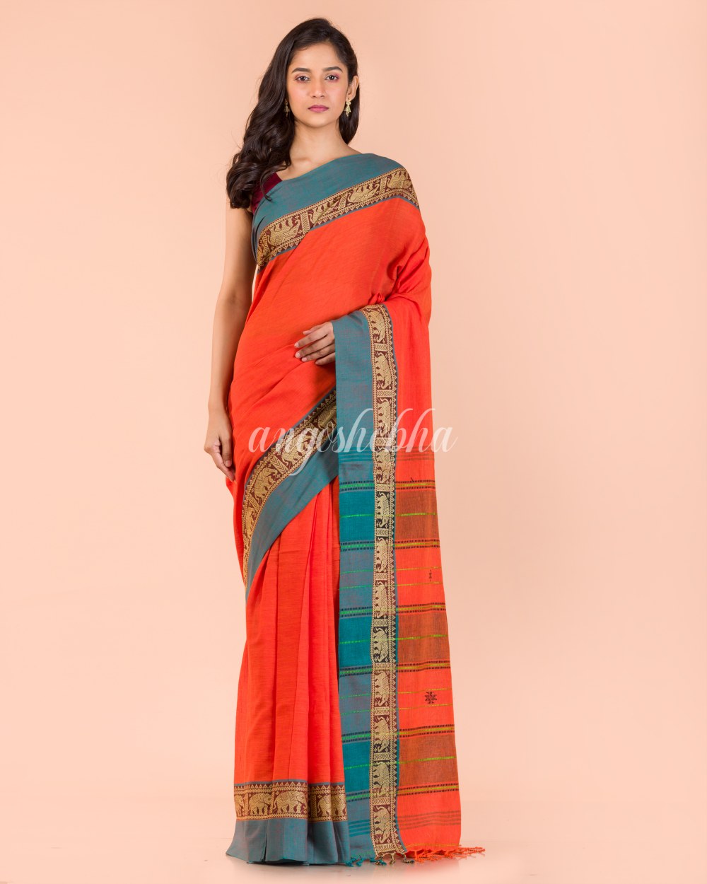 Orange Handwoven Cotton Saree angoshobha