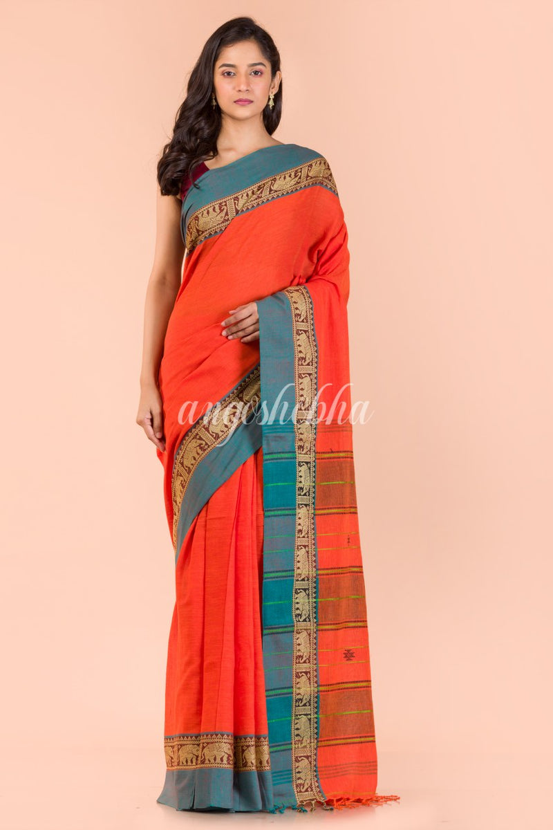 Orange Handwoven Cotton Saree