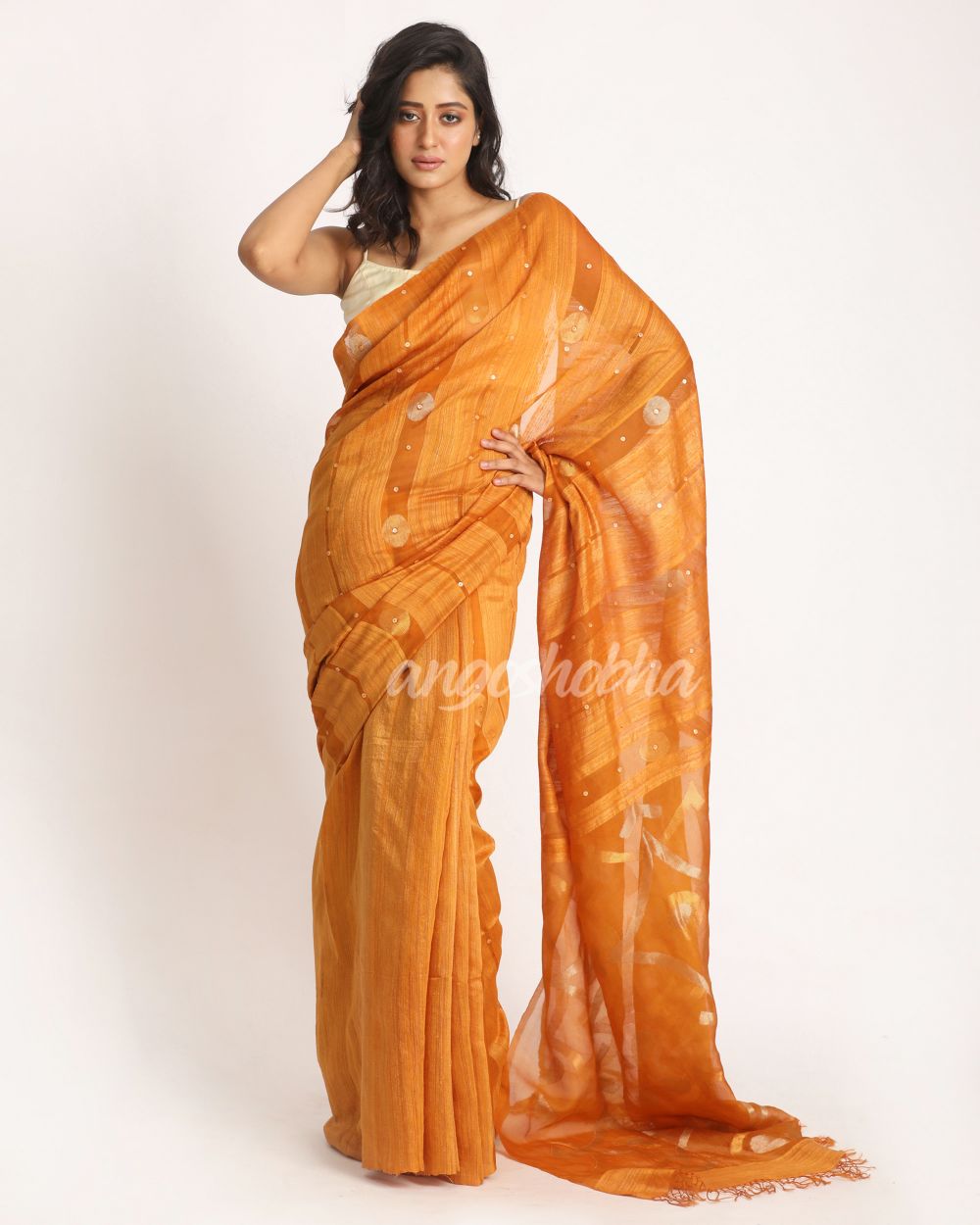 Orange Matka Silk Handloom Traditional Sequin Jamdani Saree angoshobha