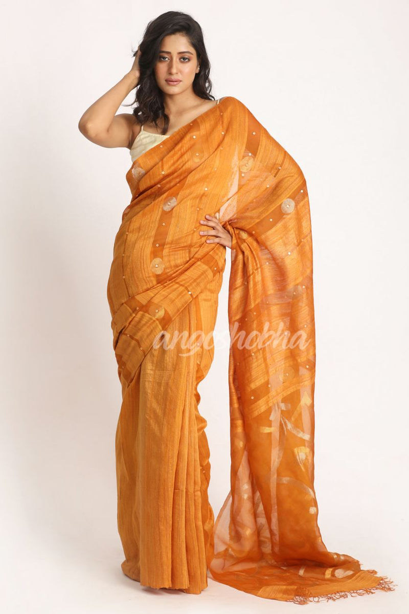 Orange Matka Silk Handloom Traditional Sequin Jamdani Saree