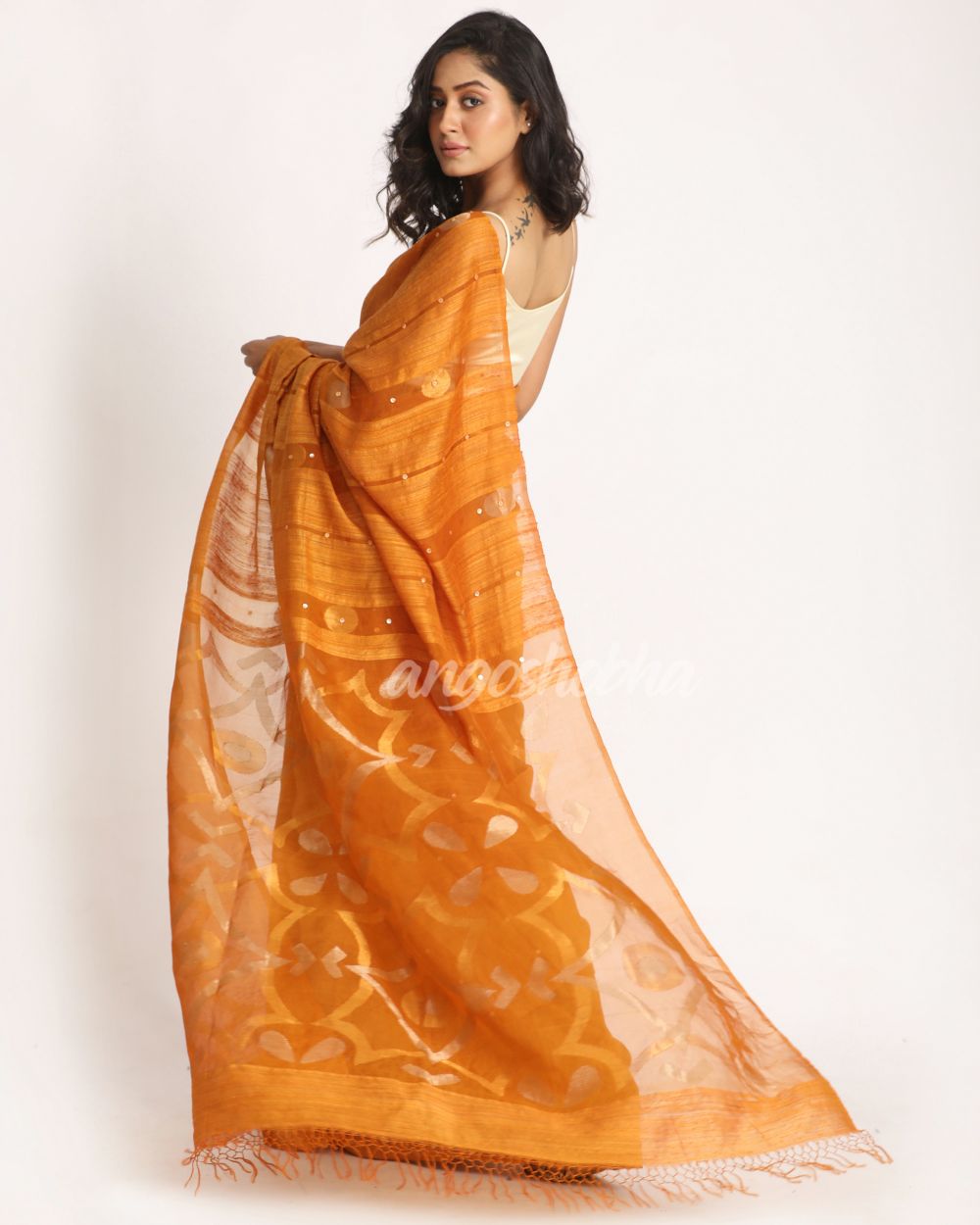 Orange Matka Silk Handloom Traditional Sequin Jamdani Saree angoshobha