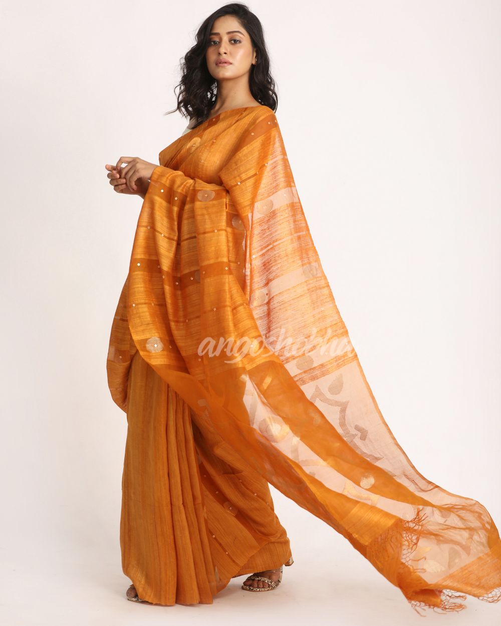 Orange Matka Silk Handloom Traditional Sequin Jamdani Saree angoshobha