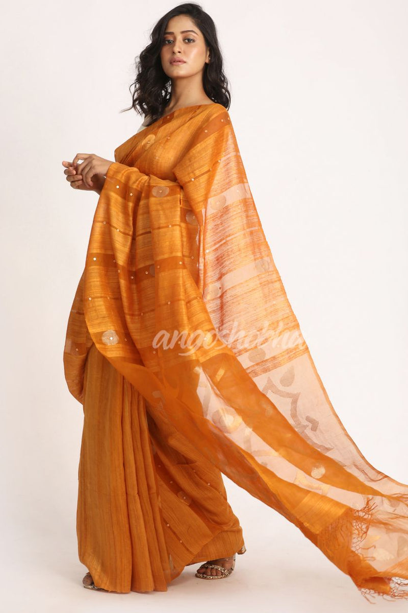 Orange Matka Silk Handloom Traditional Sequin Jamdani Saree