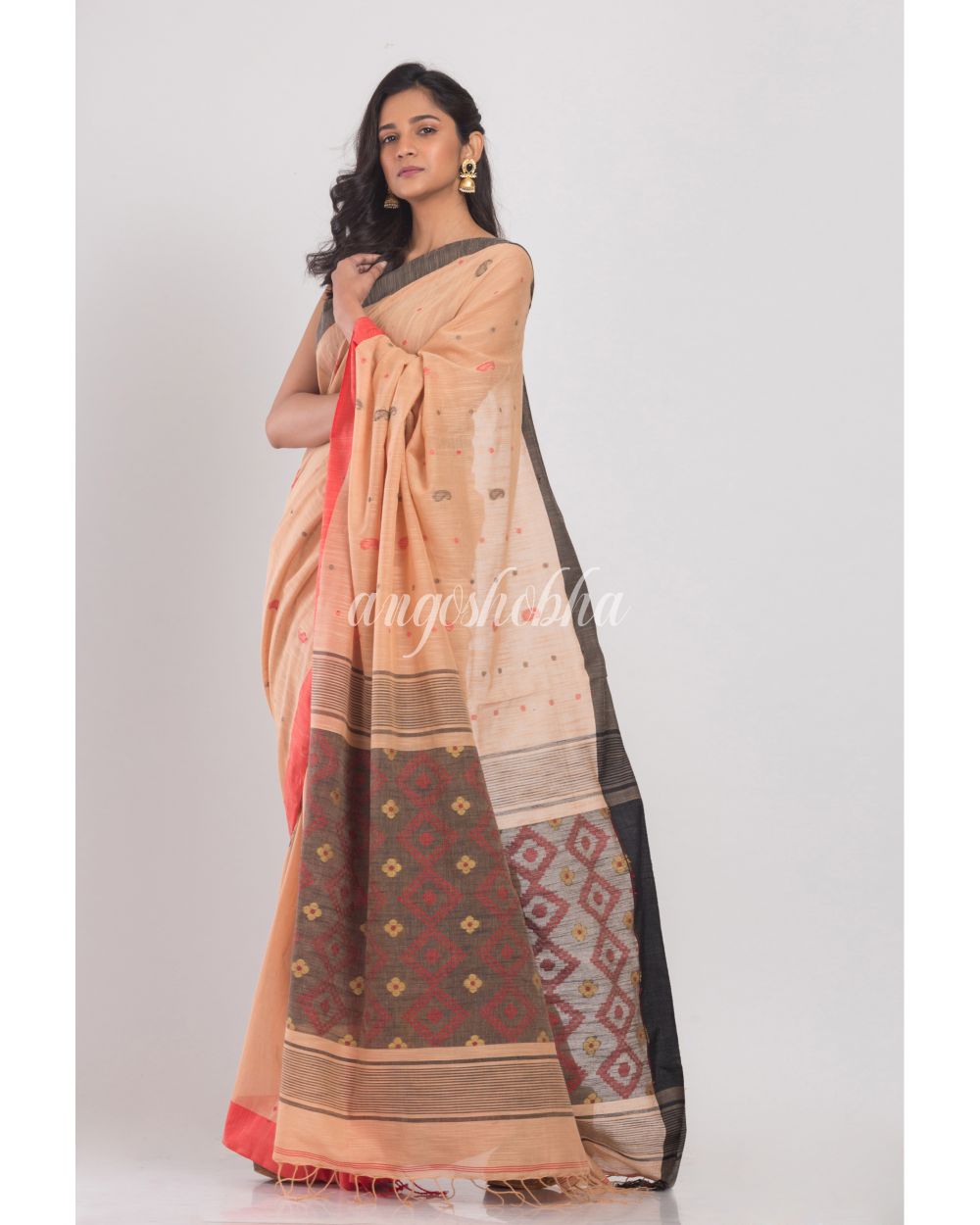 Orange Peach Handwoven Cotton Saree angoshobha