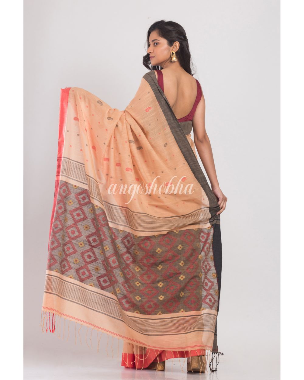 Orange Peach Handwoven Cotton Saree angoshobha