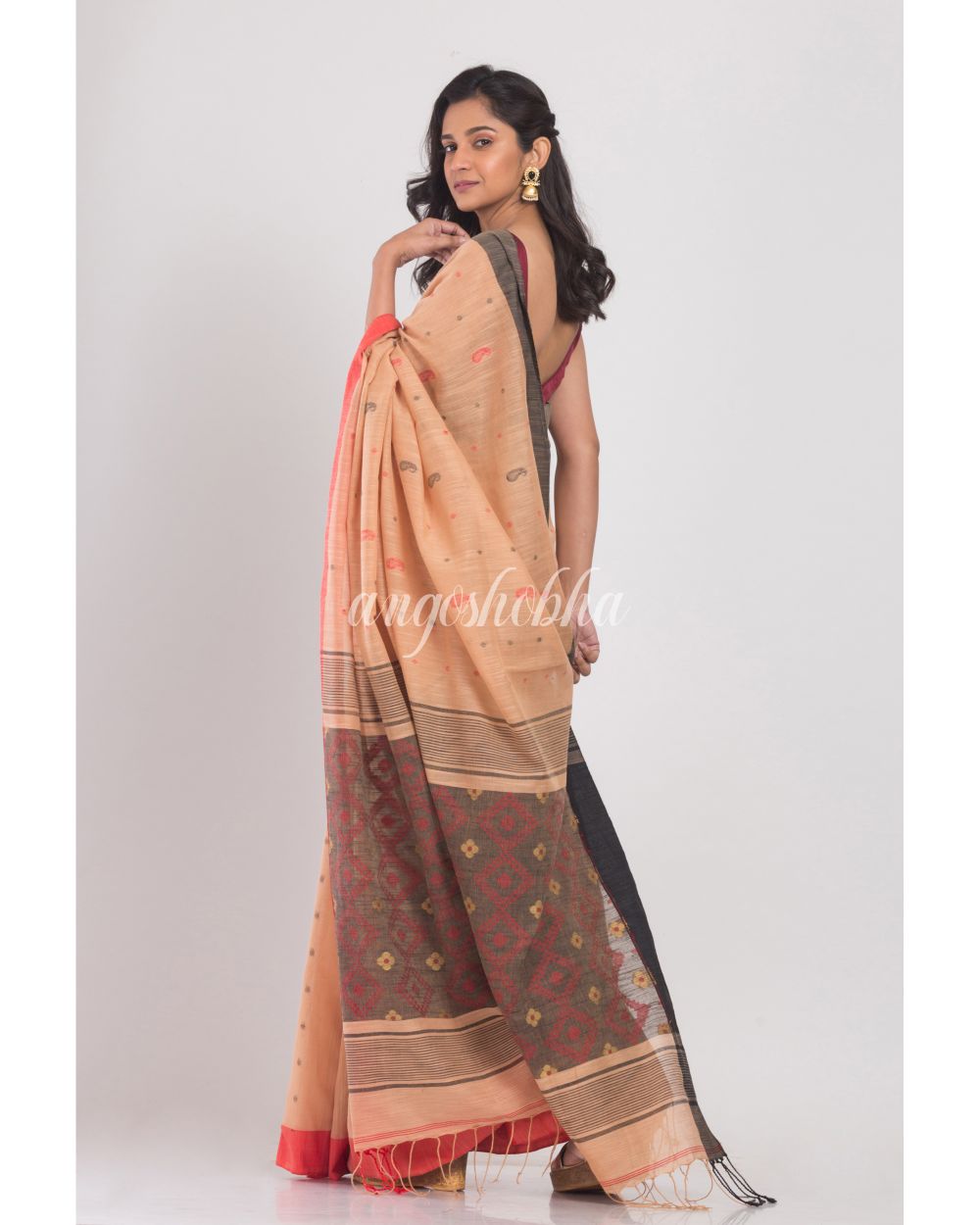 Orange Peach Handwoven Cotton Saree angoshobha