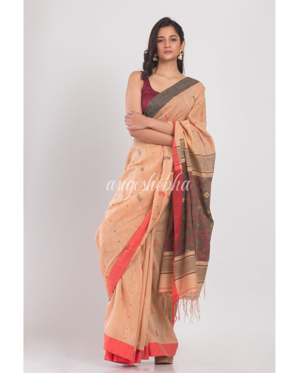 Orange Peach Handwoven Cotton Saree angoshobha