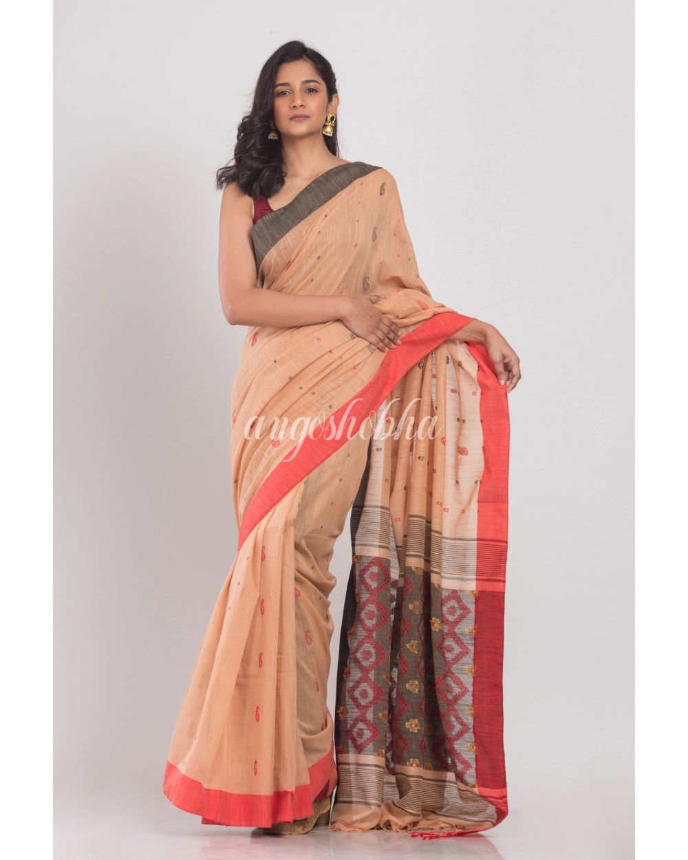 Orange Peach Handwoven Cotton Saree angoshobha