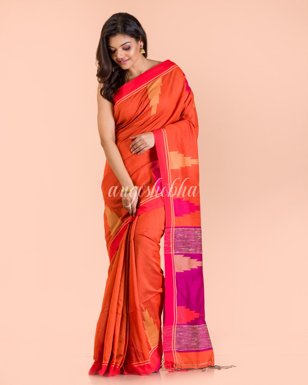 Orange Temple Border Blended Cotton Jamdani Saree angoshobha