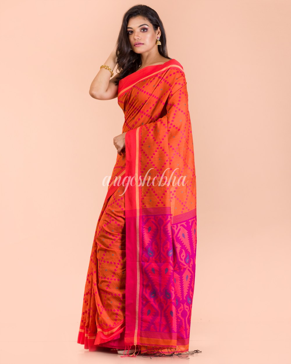 Orange Temple Border Blended Cotton Jamdani Saree angoshobha