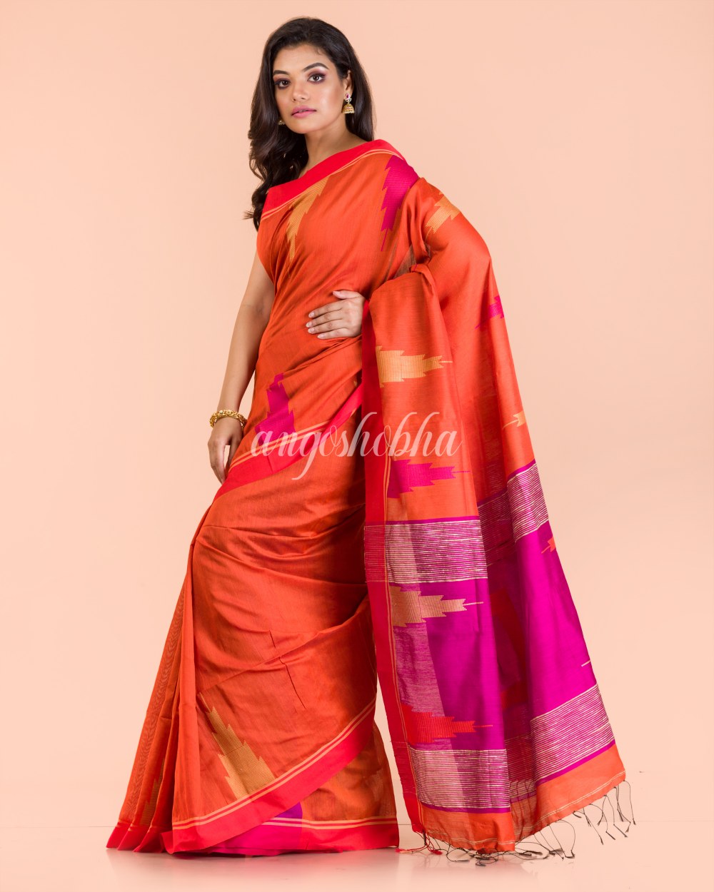 Orange Temple Border Blended Cotton Jamdani Saree angoshobha