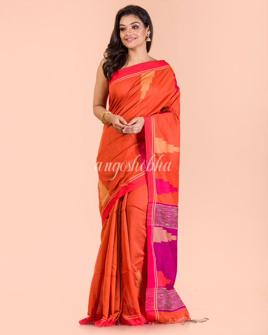 Orange Temple Border Blended Cotton Jamdani Saree angoshobha