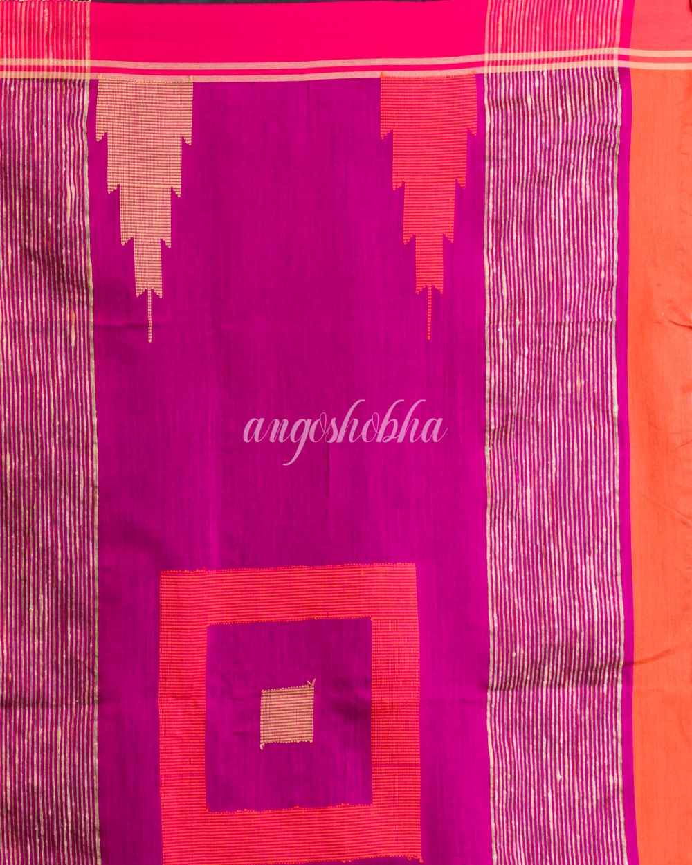 Orange Temple Border Blended Cotton Jamdani Saree angoshobha